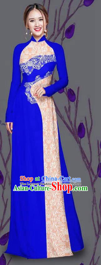 Asian Traditional Vietnam Costume Ao Dai Qipao Dress Vietnamese Bride Royalblue Cheongsam for Women