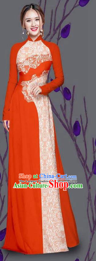 Asian Traditional Vietnam Costume Ao Dai Qipao Dress Vietnamese Bride Red Cheongsam for Women