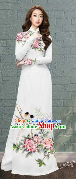 Asian Traditional Vietnam Costume Printing Peony Ao Dai Qipao Dress Vietnamese Bride Cheongsam for Women