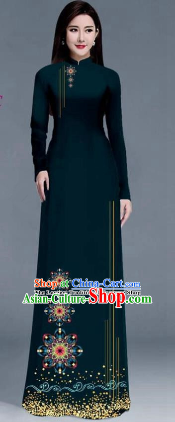 Asian Traditional Vietnam Ao Dai Costume Vietnamese Bride Peacock Green Cheongsam for Women