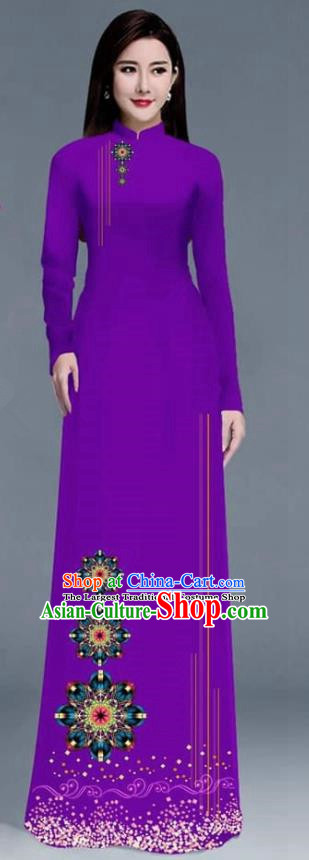 Asian Traditional Vietnam Ao Dai Costume Vietnamese Bride Purple Cheongsam for Women