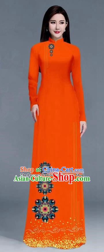 Asian Traditional Vietnam Ao Dai Costume Vietnamese Bride Orange Cheongsam for Women