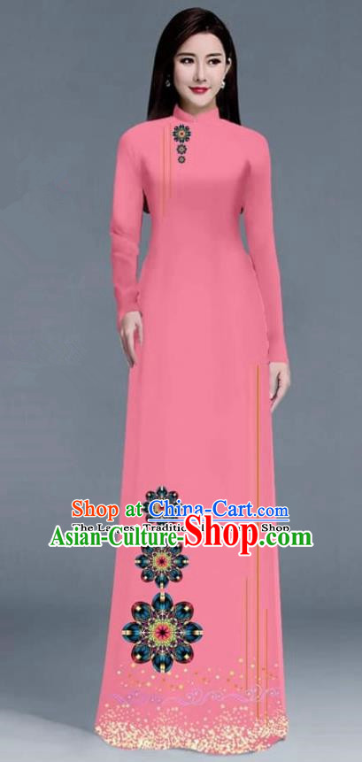 Asian Traditional Vietnam Ao Dai Costume Vietnamese Bride Rosy Cheongsam for Women