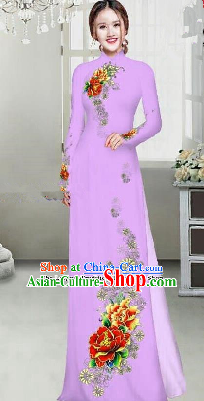 Asian Traditional Vietnam Female Ao Dai Costume Vietnamese Bride Printing Peony Lilac Cheongsam for Women