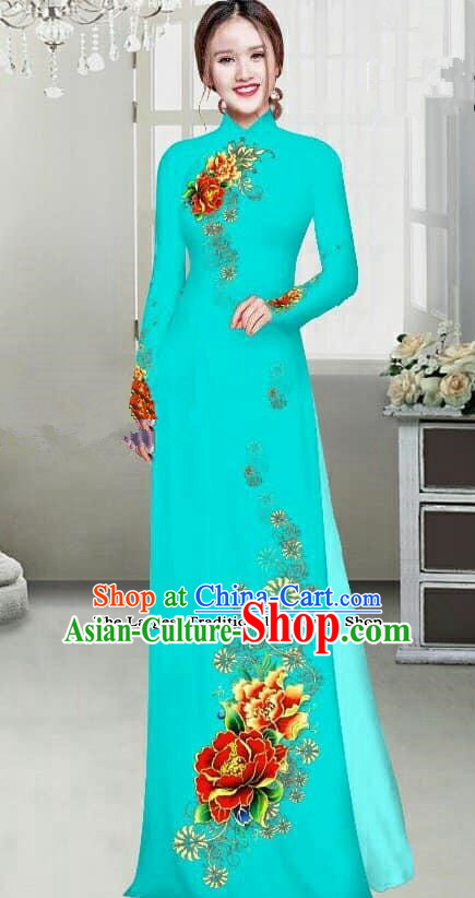 Asian Traditional Vietnam Female Ao Dai Costume Vietnamese Bride Printing Peony Light Blue Cheongsam for Women