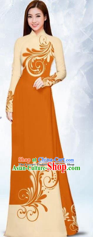 Asian Traditional Vietnam Female Costume Vietnamese Bride Orange Ao Dai Cheongsam for Women