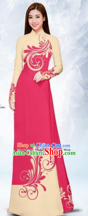 Asian Traditional Vietnam Female Costume Vietnamese Bride Rosy Ao Dai Cheongsam for Women