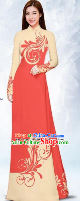 Asian Traditional Vietnam Female Costume Vietnamese Bride Watermelon Red Ao Dai Cheongsam for Women