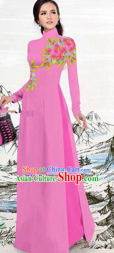 Asian Traditional Vietnam Female Costume Vietnamese Rosy Ao Dai Cheongsam for Women