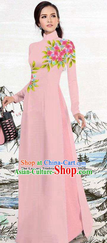 Asian Traditional Vietnam Female Costume Vietnamese Pink Ao Dai Cheongsam for Women