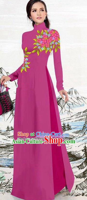 Asian Traditional Vietnam Female Costume Vietnamese Amaranth Ao Dai Cheongsam for Women