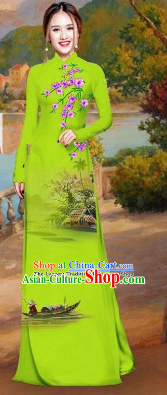 Asian Traditional Vietnam Bride Costume Vietnamese Printing Green Ao Dai Cheongsam for Women