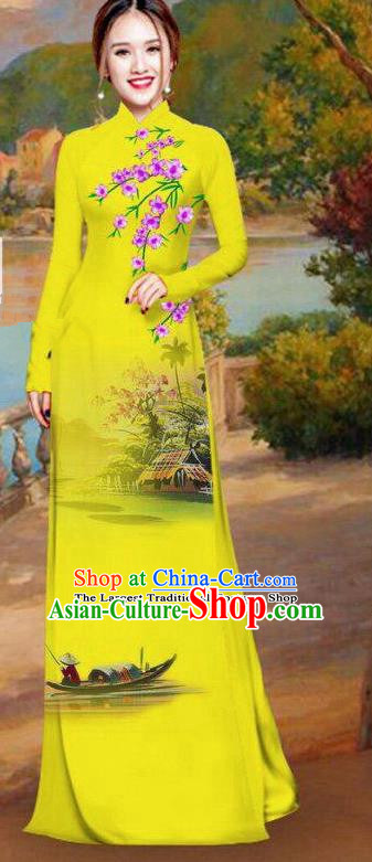 Asian Traditional Vietnam Bride Costume Vietnamese Printing Yellow Ao Dai Cheongsam for Women