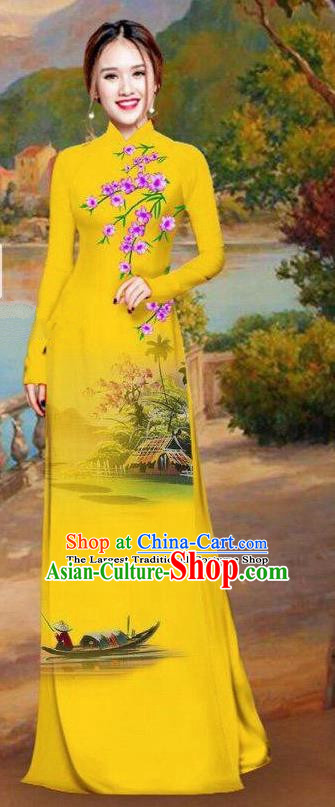 Asian Traditional Vietnam Bride Costume Vietnamese Printing Ginger Ao Dai Cheongsam for Women