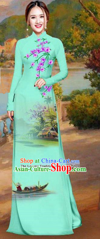 Asian Traditional Vietnam Bride Costume Vietnamese Printing Light Green Ao Dai Cheongsam for Women