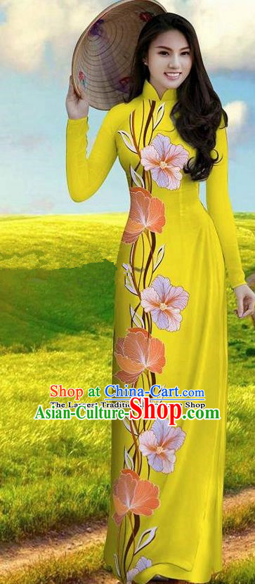 Vietnam Traditional Bride Costume Yellow Qipao Dress Vietnamese Printing Morning Glory Ao Dai Cheongsam for Women