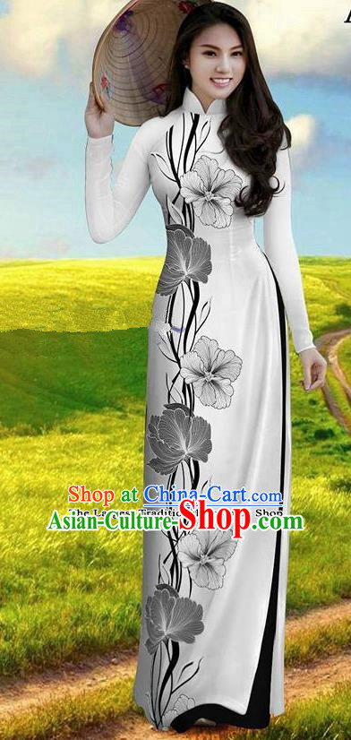 Vietnam Traditional Bride Costume Ao Dai Qipao Dress Vietnamese Printing Morning Glory Cheongsam for Women