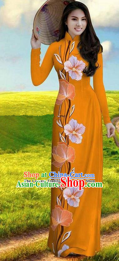 Vietnam Traditional Bride Costume Orange Qipao Dress Vietnamese Printing Morning Glory Ao Dai Cheongsam for Women