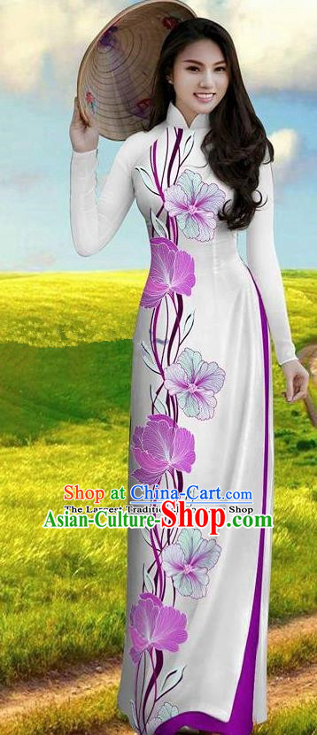 Vietnam Traditional Bride Costume Lilac Ao Dai Qipao Dress Vietnamese Printing Morning Glory Cheongsam for Women