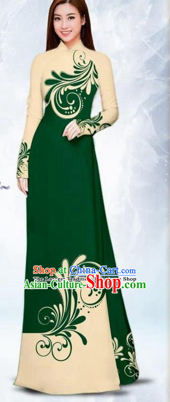 Asian Traditional Vietnam Female Costume Vietnamese Bride Atrovirens Ao Dai Cheongsam for Women