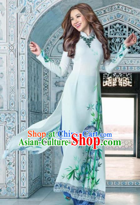 Asian Traditional Vietnam Female Costume Vietnamese Bride Printing Bamboo Ao Dai Cheongsam for Women