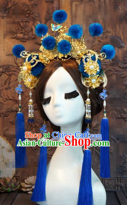 Chinese Ancient Wedding Queen Blue Phoenix Coronet Hair Jewelry Accessories Hairpins for Women