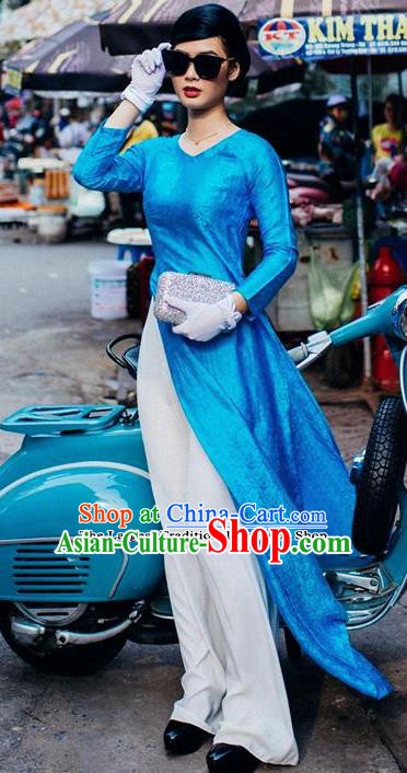 Vietnam Traditional Costume Blue Ao Dai Qipao Dress Vietnamese Cheongsam for Women