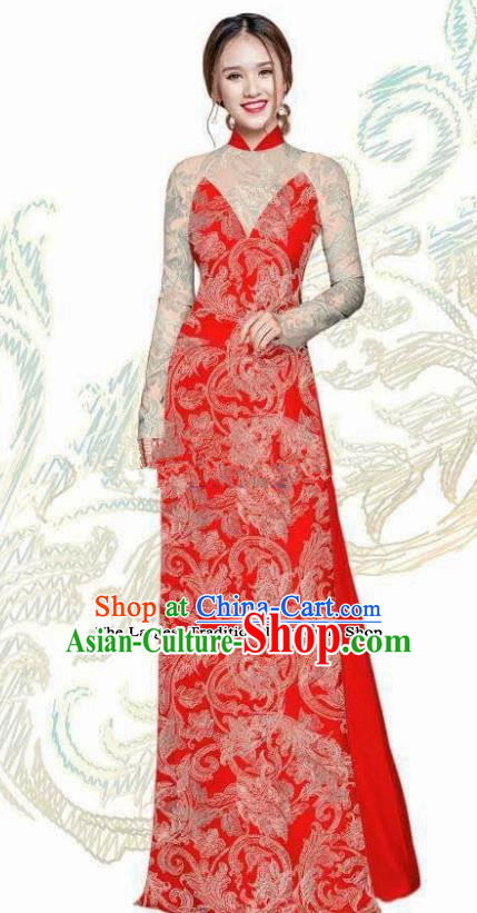 Vietnam Traditional Bride Costume Vietnamese Red Ao Dai Qipao Dress Cheongsam for Women