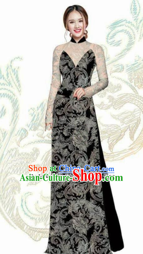 Vietnam Traditional Bride Costume Vietnamese Black Ao Dai Qipao Dress Cheongsam for Women