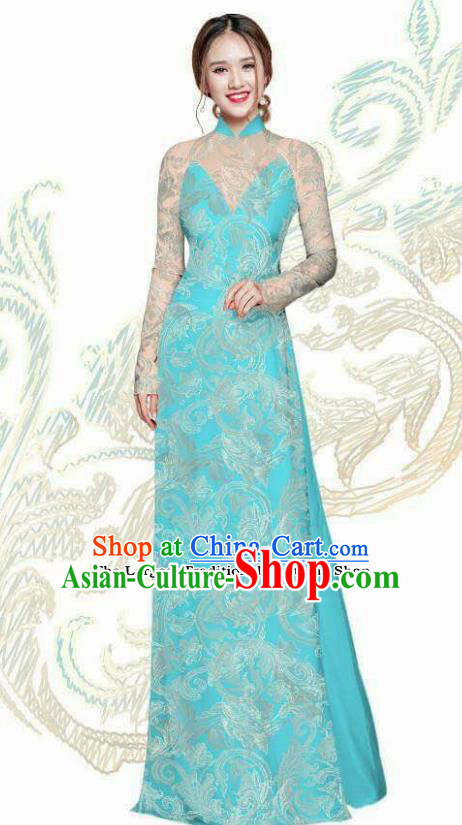 Vietnam Traditional Bride Costume Vietnamese Blue Ao Dai Qipao Dress Cheongsam for Women