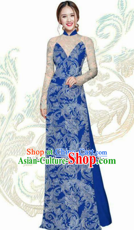 Vietnam Traditional Bride Costume Vietnamese Royalblue Ao Dai Qipao Dress Cheongsam for Women