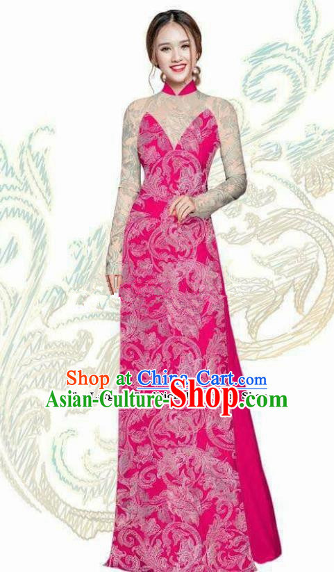 Vietnam Traditional Bride Costume Vietnamese Rosy Ao Dai Qipao Dress Cheongsam for Women