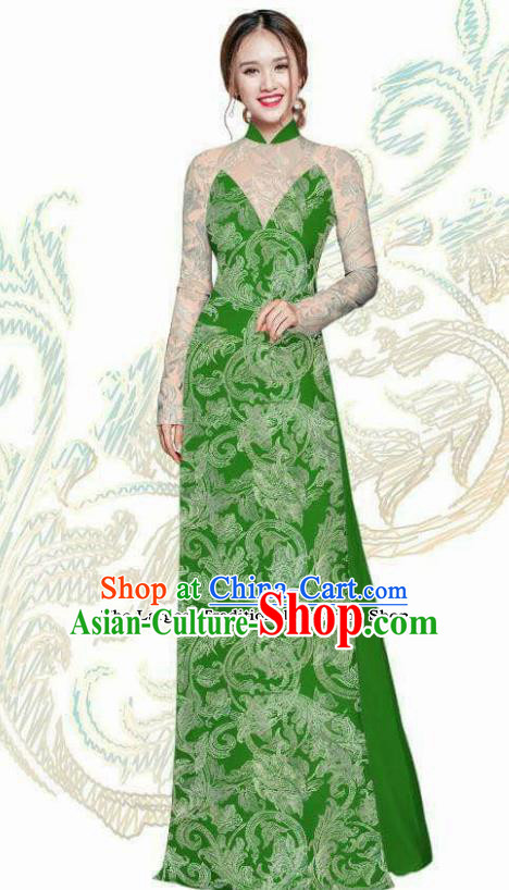 Vietnam Traditional Bride Costume Vietnamese Green Ao Dai Qipao Dress Cheongsam for Women