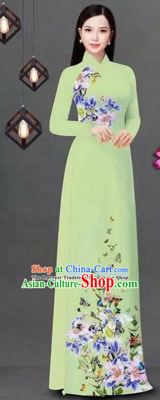 Vietnam Traditional Bride Costume Vietnamese Printing Flowers Green Ao Dai Qipao Dress Cheongsam for Women