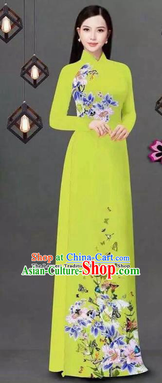 Vietnam Traditional Bride Costume Vietnamese Printing Flowers Yellow Ao Dai Qipao Dress Cheongsam for Women