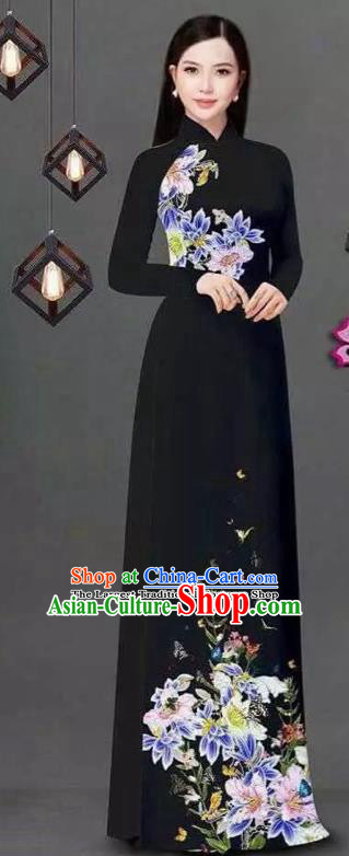 Vietnam Traditional Bride Costume Vietnamese Printing Flowers Black Ao Dai Qipao Dress Cheongsam for Women