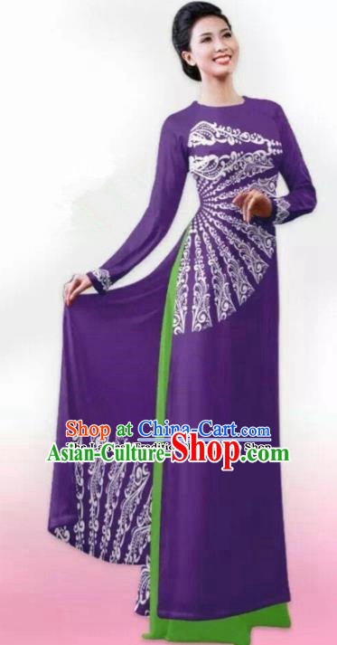 Vietnam Traditional Bride Costume Vietnamese Printing Purple Ao Dai Qipao Dress Cheongsam for Women