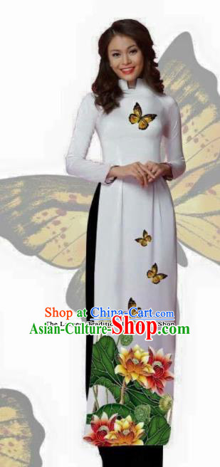 Vietnam Traditional Bride Costume Vietnamese Printing Lotus White Ao Dai Qipao Dress Cheongsam for Women