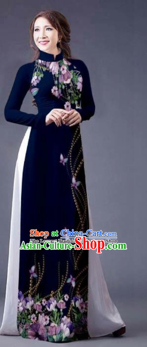 Vietnam Traditional Bride Costume Vietnamese Printing Navy Ao Dai Qipao Dress Cheongsam for Women