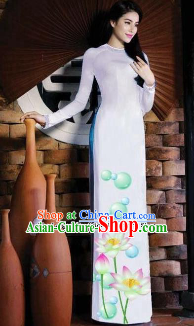 Vietnam Traditional Bride Costume Vietnamese Printing Lotus White Ao Dai Qipao Dress Cheongsam for Women