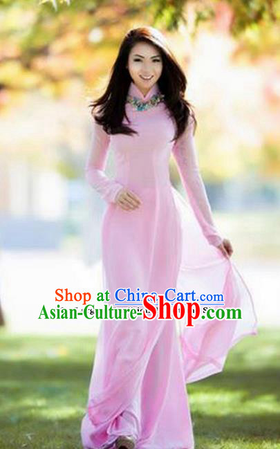 Vietnam Traditional Bride Costume Vietnamese Pink Ao Dai Qipao Dress Cheongsam for Women