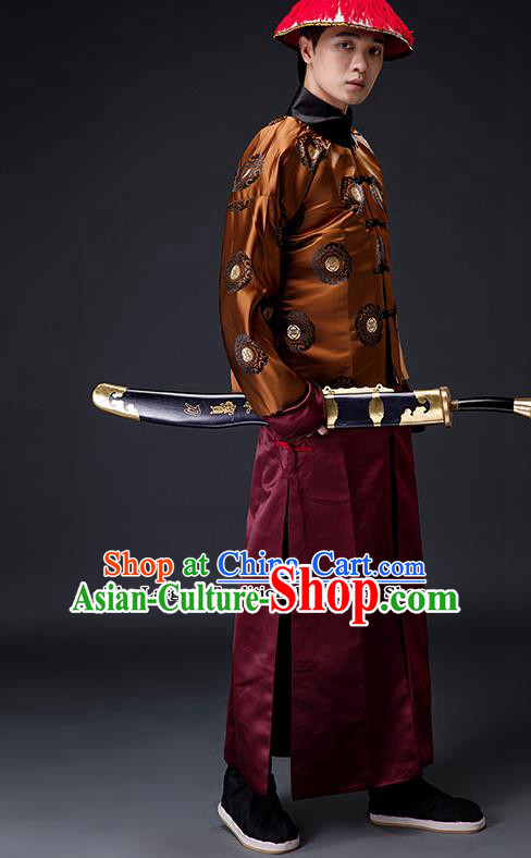 Traditional Chinese Ancient Drama Costumes Qing Dynasty Imperial Bodyguard Clothing and Hat for Men