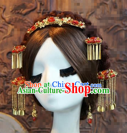 Chinese Ancient Bride Hair Accessories Wedding Tassel Step Shake Agate Hairpins Complete Set for Women