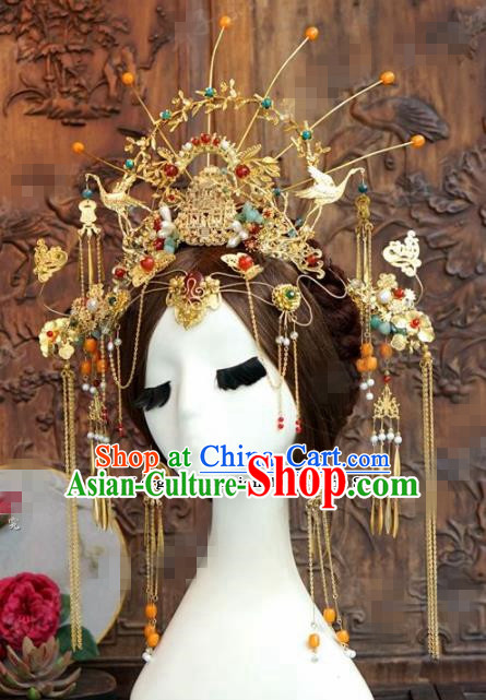 Chinese Ancient Queen Cranes Phoenix Coronet Wedding Bride Hairpins Headdress for Women