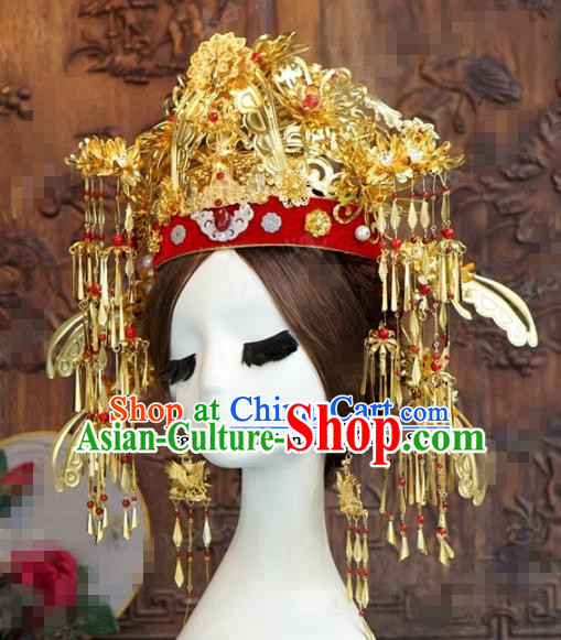 Chinese Ancient Queen Golden Phoenix Coronet Wedding Bride Hairpins Headdress for Women