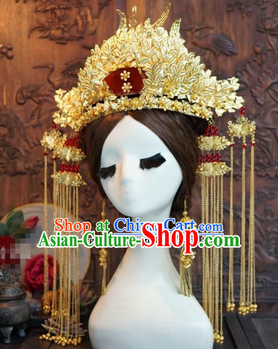 Chinese Ancient Queen Golden Luxurious Phoenix Coronet Wedding Bride Headdress Hairpins for Women