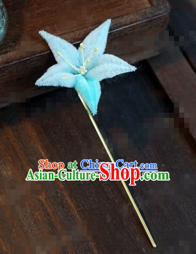 Chinese Ancient Queen Hair Clip Wedding Bride Headdress Blue Velvet Flower Hairpins for Women