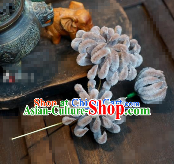 Chinese Ancient Qing Dynasty Empress Hair Clip Palace Grey Chrysanthemum Hairpins for Women