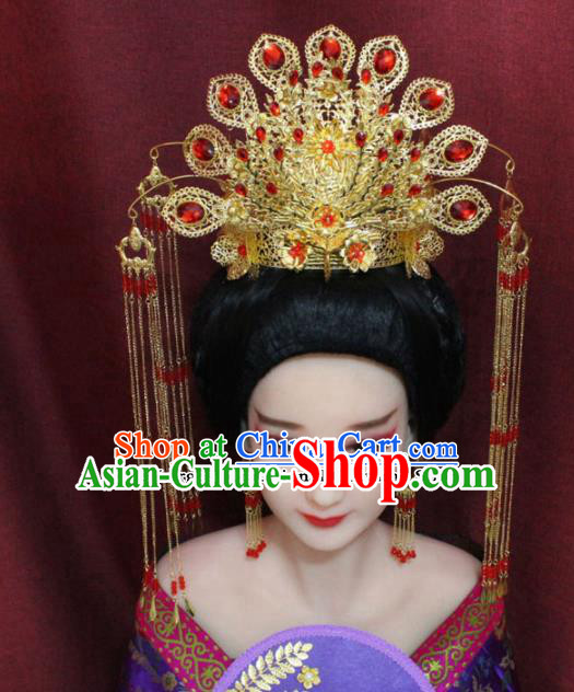 Chinese Ancient Imperial Consort Phoenix Coronet Headdress Tang Dynasty Palace Wedding Hairpins Complete Set for Women