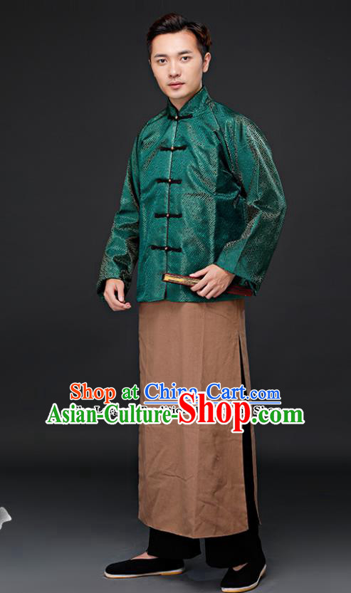 Chinese Ancient Republican Period Landlord Costumes Long Robe and Green Mandarin Jacket for Men